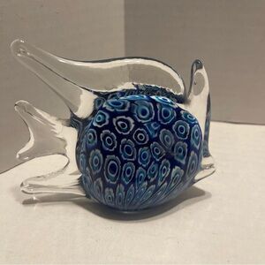 Handblown Blue Murano ? Millefiori Glass Fish paper weight, Home Accent 3.75